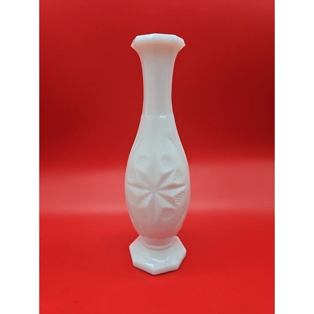 Vintage Milk Glass Bud Vase STARBURST Pattern 9” Tall Heavy Glass